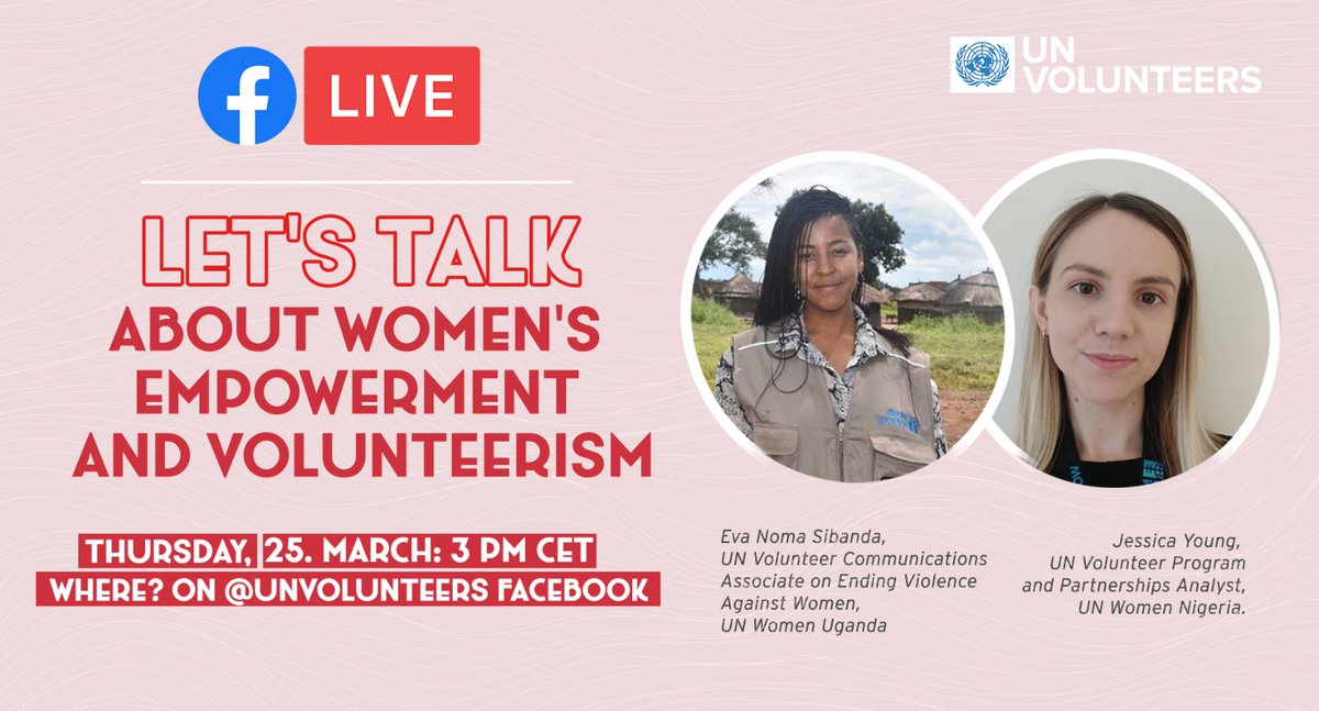 UN Volunteers (@unvolunteers) on Twitter photo Let's talk about #women's empowerment and volunteerism with UN Volunteers Jessica Young and Eva Sibanda. They serve with <a href="/UN_Women/">UN Women</a> in #Nigeria & #Uganda to achieve an equal future.
🗓️ 25 March, 3pm CET
▶️ facebook.com/unvolunteers
<a href="/unwomenNG/">UN Women Nigeria</a> <a href="/unwomenuganda/">UN Women Uganda</a> #GenerationEquality Let's talk about #women's empowerment and volunteerism with UN Volunteers Jessica Young and Eva Sibanda. They serve with <a href="/UN_Women/">UN Women</a> in #Nigeria & #Uganda to achieve an equal future.
🗓️ 25 March, 3pm CET
▶️ facebook.com/unvolunteers
<a href="/unwomenNG/">UN Women Nigeria</a> <a href="/unwomenuganda/">UN Women Uganda</a> #GenerationEquality