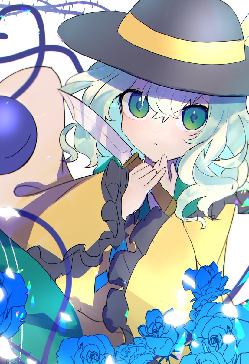 komeiji koishi 1girl solo hat knife blue flower flower third eye  illustration images