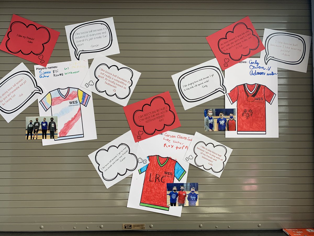 FTWoodfillES's tweet image. Our Unified Bocce teams created their own jerseys and shared why they love Bocce. Their display was shared with the whole school! #unifiedchampions #wesleaders