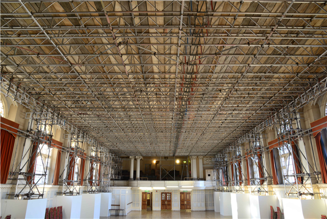 COVENTRY_SCAFF's tweet photo. Coventry #Scaffolding provided an internal #crashdeck across the main hall of East Ham #TownHall. This impressive structure meant that functions could still take place in the room while #construction work continued above. See more images of the #project: https://t.co/DPgWSFbOtd https://t.co/wgVm0dZJkC