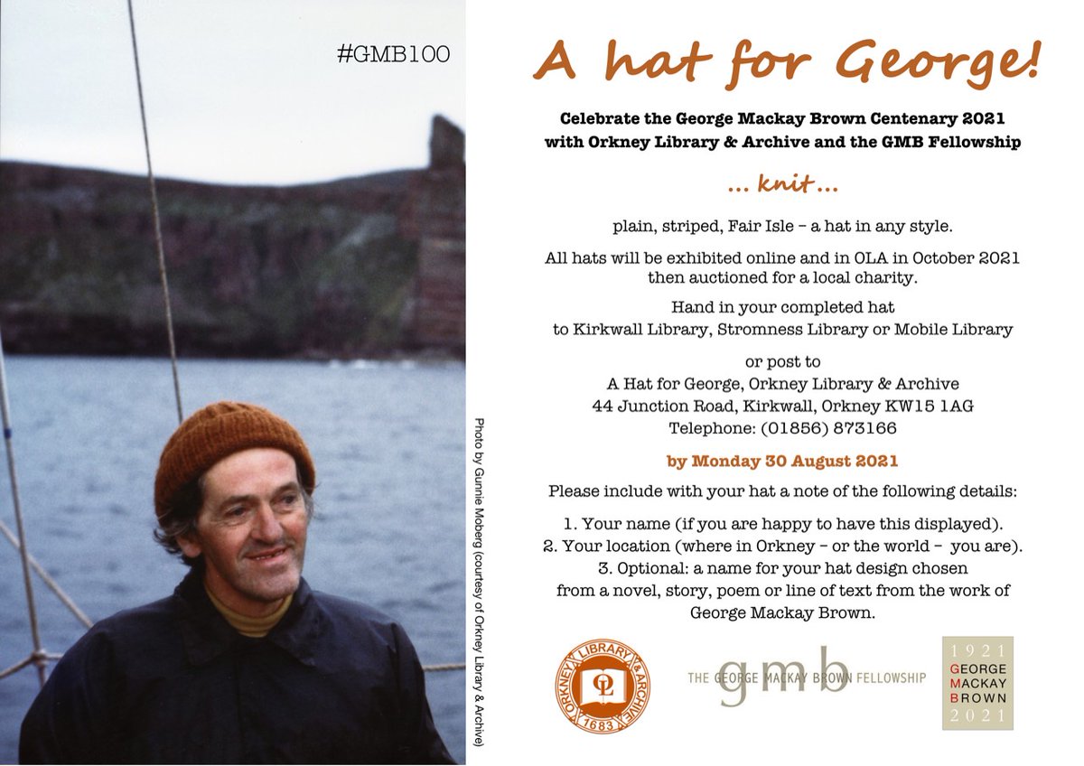 OrkneyLibrary's tweet photo. To mark 100 years since the birth of #Orkney poet George Mackay Brown we are inviting you to knit a hat for George. 🧶

It can be in ANY style. We'll exhibit all entries in the library (and online) then auction them for charity in October, close to George's birthday. 👇 #gmb100 https://t.co/O22C4TblHa