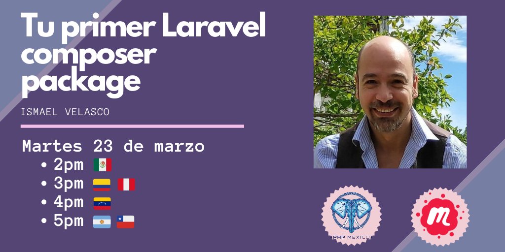 phpmx's tweet photo. βββ Nuevo #meetup M A Γ A N A βββ
* π Tu primer Laravel composer package.
* π mar., 23 marzo
* π 2:00pm π²π½
* π» https://t.co/81H1gazbUt
* π£ @DevOnAJourney
* π https://t.co/cdWPqnwVKd
#Laravel #Composer
#phpmeetup #phpmxmeetup #php #phpmx https://t.co/YiV61uygdN