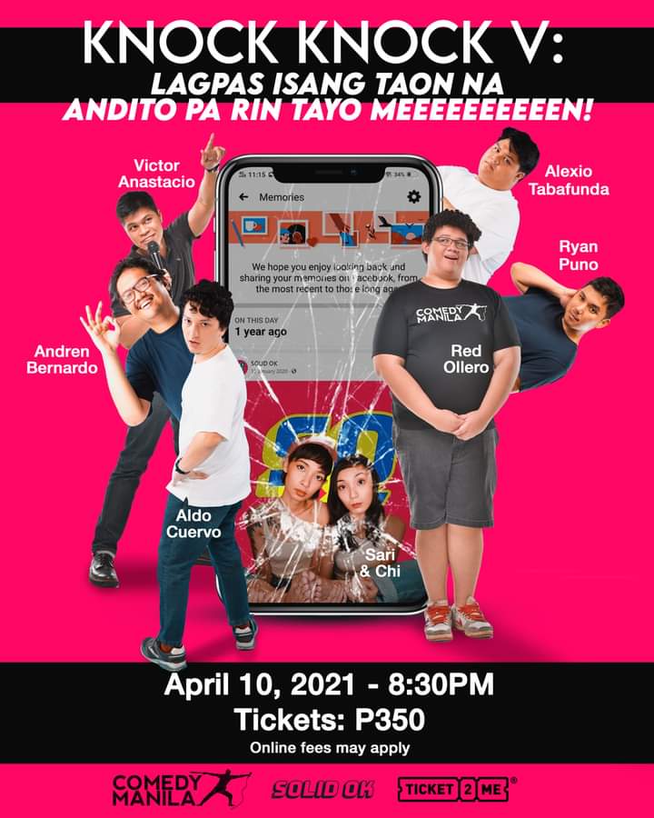Hello Twittersphere!

Knock, knock! Who's there? Laughter, baby bois!

GET YOUR TICKETS NOW: ticket2me.net/e/33173 ⚠️

Join us on Zoom at 8:30PM, Saturday, April 10 🥳

Featuring:
Sari &amp; Chi
Aldo Cuervo
Andren Bernardo
Alexio Tabafunda
Ryan Puno
Red Ollero
Victor Anastacio