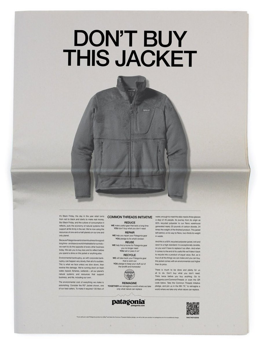 Charlottemg2000's tweet photo. @patagonia's 'dont buy this jacket' campaign integrated their #ecofriendly core values into their marketing- they believe in #sustainability, encouraging consumers to support their thread-up intiative and reduce their waste. #uwamktg6 https://t.co/ykwwVBX3XR