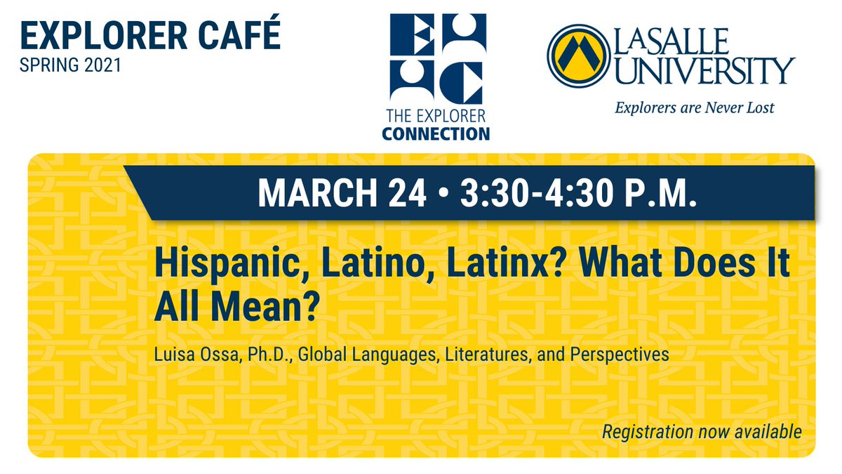 ExplorerCafe's tweet image. Join @ProfesoraLMO &amp;amp; @LaSalleUniv Spanish and Int'l Business major Yazmín Herrera-Galán, '23 for this week's @ExplorerCafe  @LaSalleSGA lasalle.zoom.us/meeting/regist…