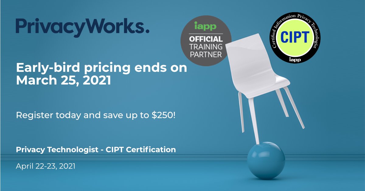 privacyworksinc's tweet photo. Take the next step in your tech career!
Our early-bird discount ends this week for our Privacy Technologist - CIPT training session. Save $250 and register by March 25, 2021.

https://t.co/3M38wkrnfO

#privacy #careerskills #newcareers #privacymatters #training

@PrivacyPros https://t.co/dXB6Kie8EI