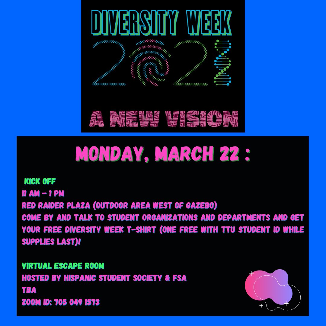 ttusub's tweet image. Today is Diversity Week's Kick Off !🎉
Join us at the Red Raider Plaza from 11 am to 1 pm and get your free Diversity Week T-shirt! 
Enjoy from the Virtual Escape Room hosted by @hss_ttu & @fsa_ttu through zoom!
 
#ttu #diversityweek2021 #redraiders