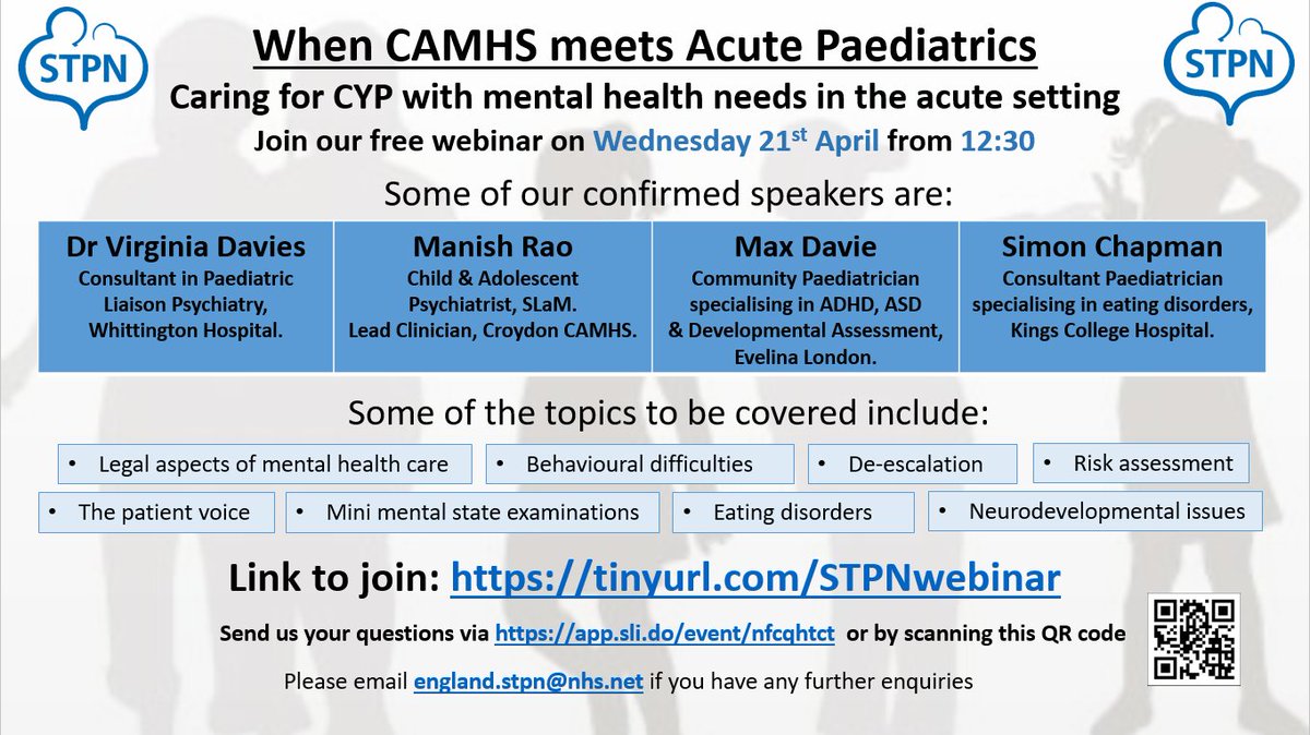 The number of CYP placed in acute settings due to their mental health is continually rising. Our webinar "When CAMHS meets Acute Paediatrics" has been designed to offer staff advice &amp; support in caring for them. See below for joining instructions &amp; how to send us your questions.