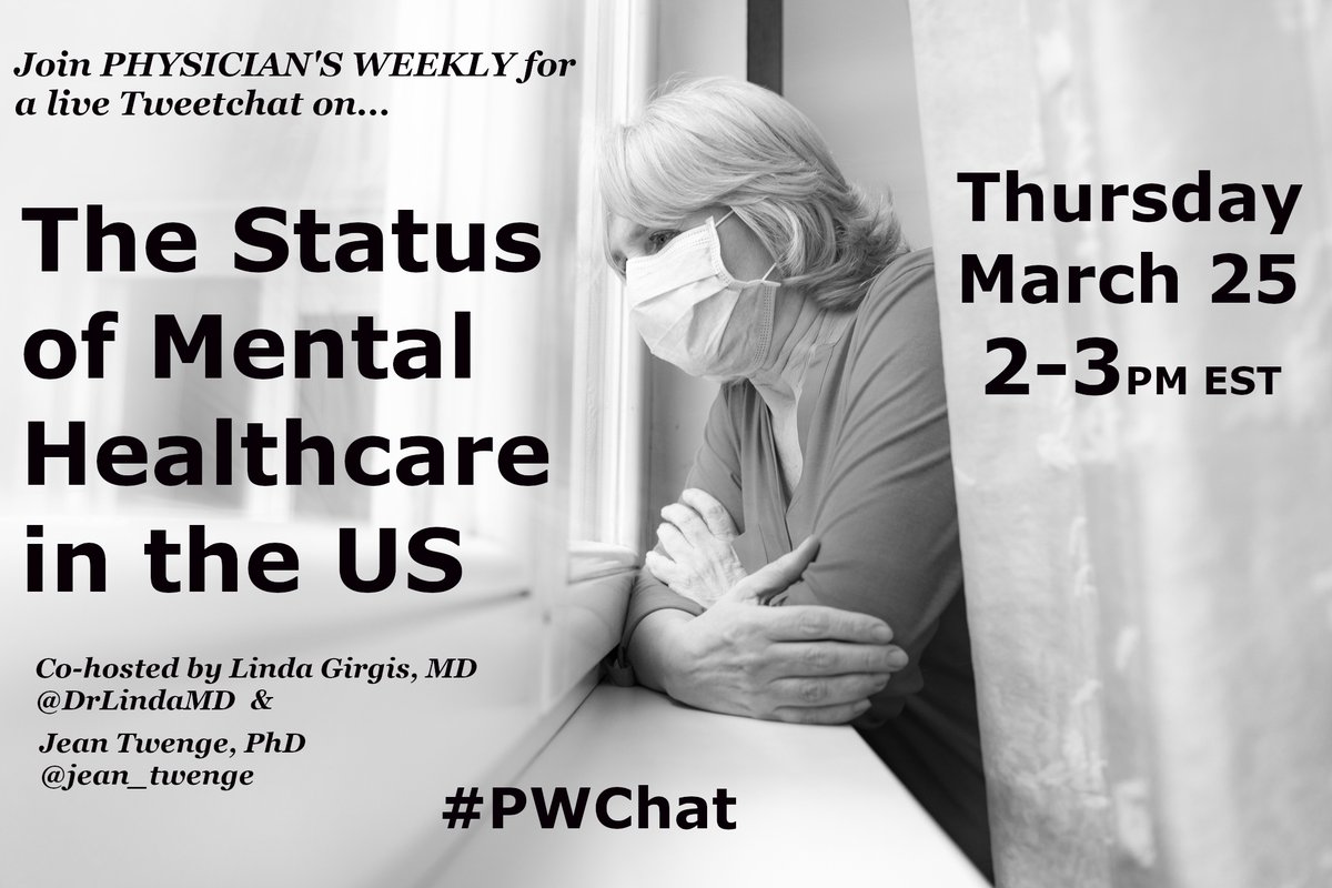 physicianswkly's tweet photo. We now have @SDSU Professor of #Psychology @jean_twenge as a 2nd co-host for Thursday's #PWhat on the status of #mentalhealth in the US.

Join us @ 2pm EST to share thoughts, experiences, insights on this important topic &amp; learn from others' https://t.co/aCFd1vW1GF