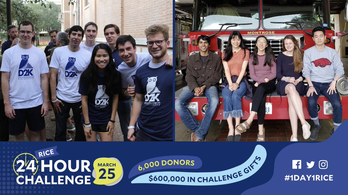 Rice_D2KLab's tweet photo. Looking for an opportunity to make an impact through data science? With your help, students in the #D2KLab can work on real-world data challenges and maximize Rice's impact on education and the community!
👉 Give at https://t.co/ItY1ewiKm5
#1Day1Rice https://t.co/xX9RvifDWI