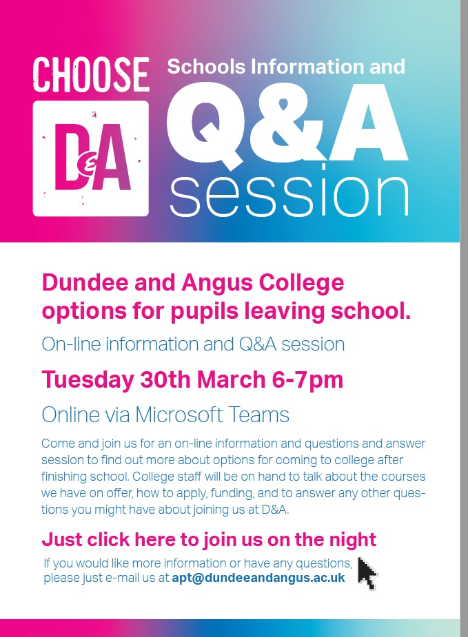 ForAcad's tweet photo. Going to college?  Online Q&amp;A session with @dundee_angus next Tuesday.  Join at this link: https://t.co/COLxa227GO on the night or email apt@dundeeandangus.ac.uk for more info. https://t.co/4XloTjpYI0