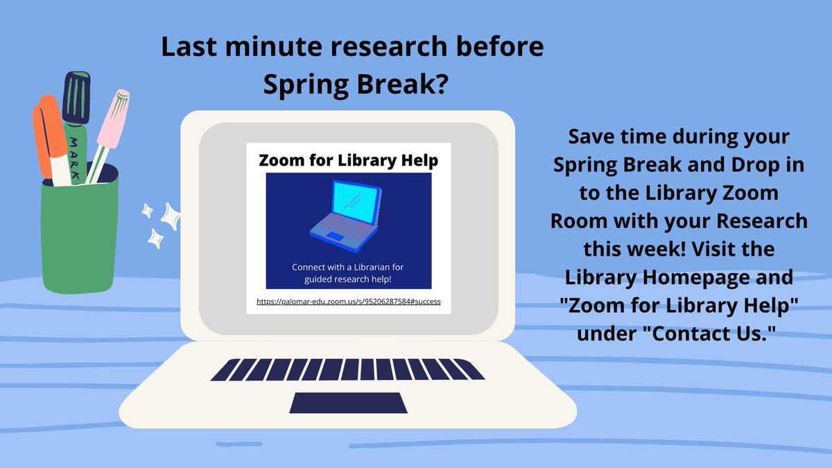 PalomarLibrary's tweet image. Drop in to the Library Zoom Room with your Research before Spring Break! The Library will be closed during Spring break, so bring your research questions to the Librarian and save time! @palomarcomets