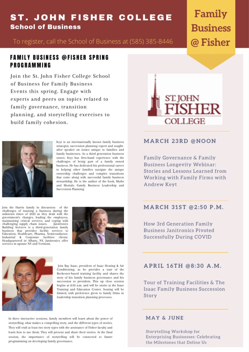The School of Business will be offering upcoming webinar events as part of their family business series. Tomorrow's webinar will feature Andrew Keyt, owner of Keyt Consulting, at 12:00 PM. 
To register for this event, please visit the St. John Fisher College events calendar.