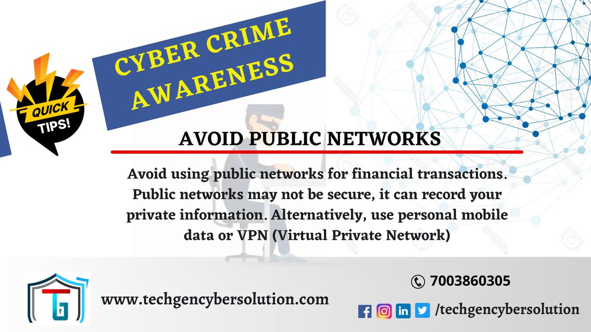 TechgenCyber's tweet image. Avoid using public networks for financial transaction or uploading private information. Your information can be recorded and stole by third party.

A cyber crime awareness initiative by Techgen Cyber Solution Pvt. Ltd.

#cybersecurity
#cyberawareness
#techgencybersolutionpvtltd