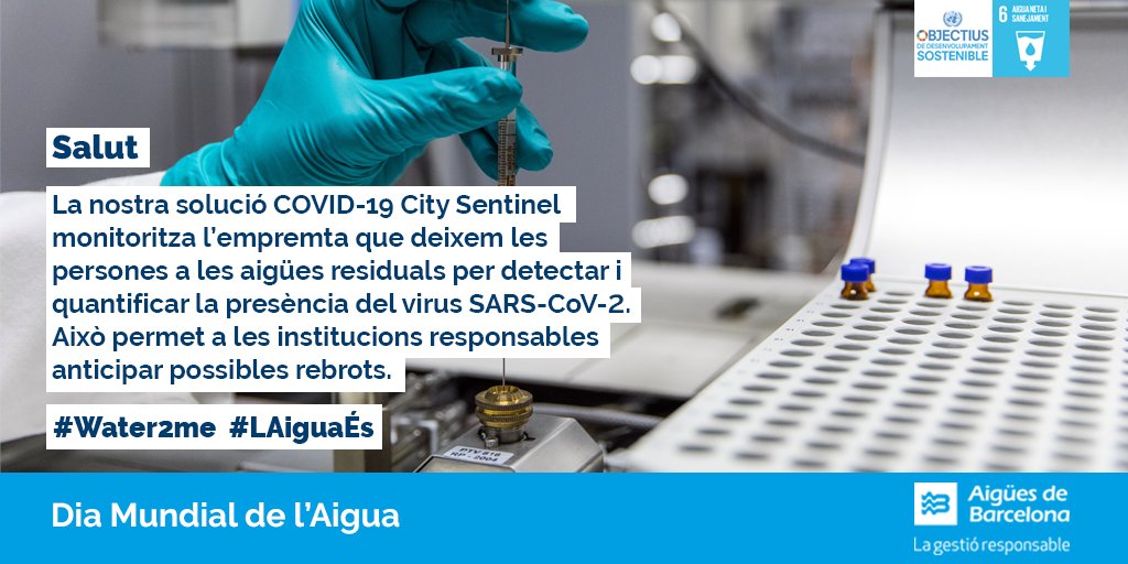 aiguesbcnclient's tweet photo. #LAiguaÉs salut. En un any marcat per la pandèmia, hem posat el nostre coneixement al servei de la lluita contra la covid-19. Ho fem amb la solució COVID-19 City Sentinel, que detecta i quantifica la presència del SARS-CoV-2 a les aigües residuals💧

#Water2Me #DiaMundialDeLAigua https://t.co/IKFSffSMel