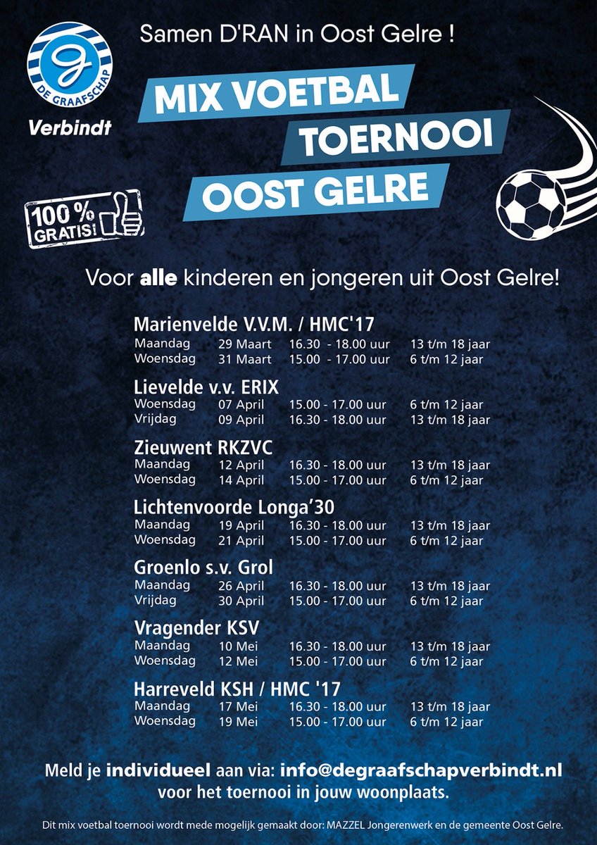 ⁦⁦⁦⁦📢 ⚽️Voor de kinderen en jongeren uit de gemeente Oost Gelre organiseert <a href="/DeGraafschap/">De Graafschap</a>⁩ samen met ⁦<a href="/Gem_OostGelre/">Gemeente Oost Gelre</a>⁩ en Jongerenwerk Mazzel vanaf 29 maart naschoolse Voetbalmix Toernooien. Meld je aan via: info@degraafschapverbindt.nl 🔵⚪️