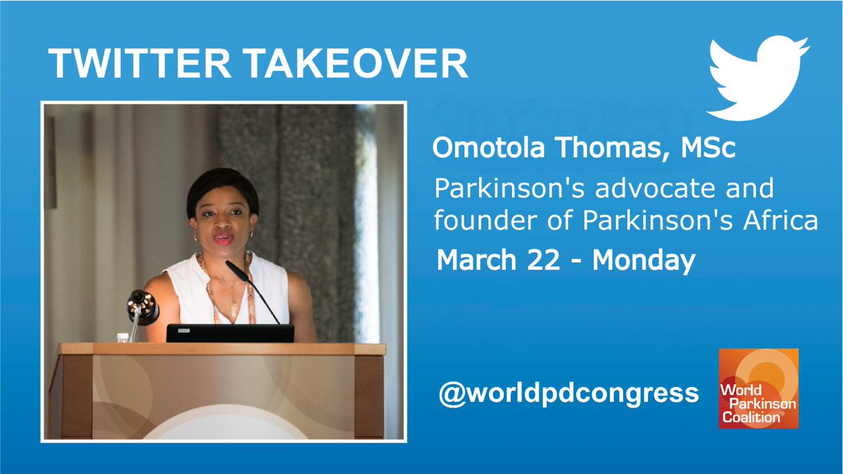 WorldPDCongress's tweet photo. We are excited to announce that Omotola Thomas, Founder of Parkinson's Africa &amp; WPC Board member, will be taking over our twitter TODAY Monday, March 22. Stay tuned!
#Parkinsons #parkinsonsafrica https://t.co/emDoeM6aBP