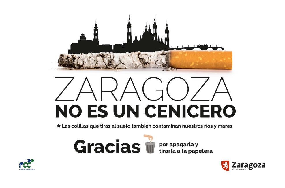 #ZaragozaNOesCenicero
👉 te lo decimos también sin # ´Zaragoza no es un cenicero´
Las colillas representan el 40% del residuo recogido en la calle; y 1 colilla tiene 70 sustancias cancerígenas, capaz de contaminar 50 lts de agua... ☠
Por favor, tíralas a la papelera, apagadas 😊