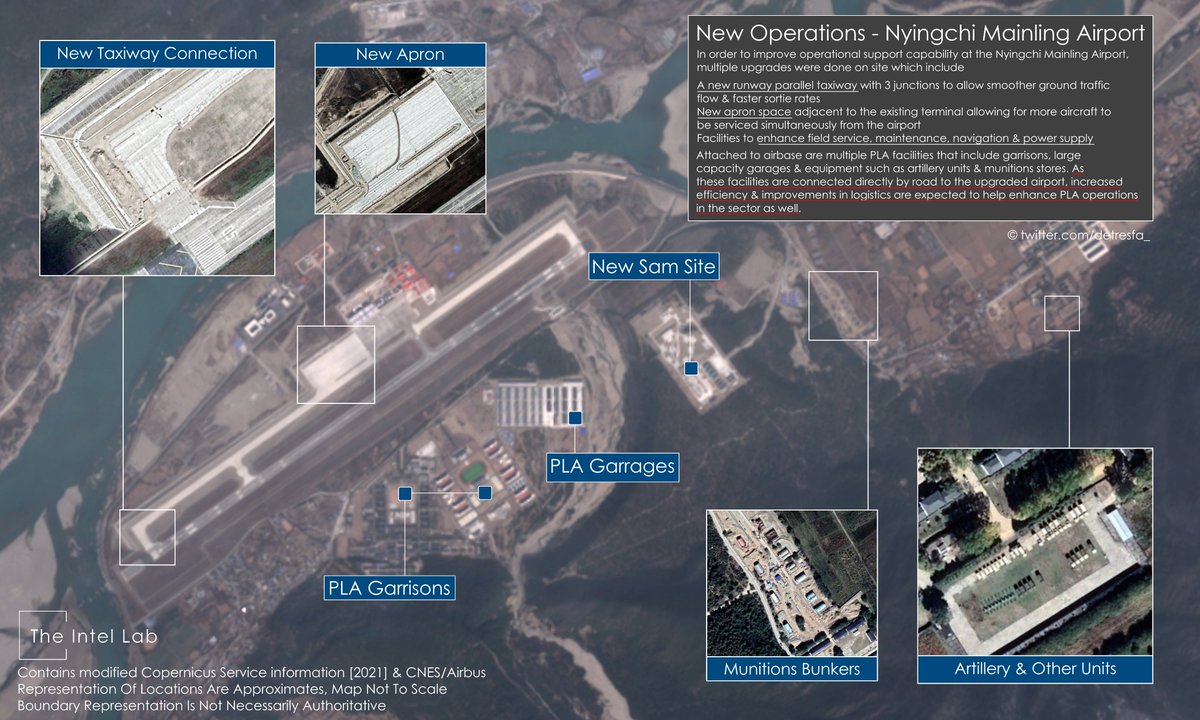 detresfa_'s tweet image. On March 20, 2021 the upgrades constructed at Nyingchi Mainling Airport, #Tibet were officially commissioned, the enhancements promise for better handling, sortie rates &amp;amp; air traffic movement out of the region, along with stronger logistics to nearby PLA deployments #TheIntelLab