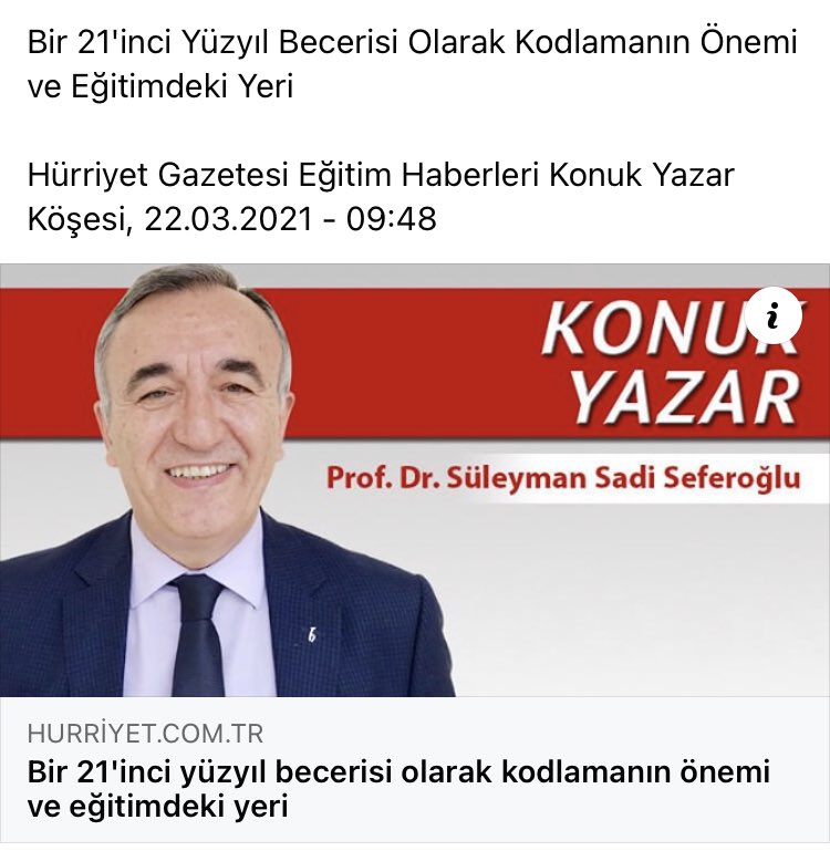SadiSeferoglu's tweet photo. Bir 21'inci Yüzyıl Becerisi Olarak Kodlamanın Önemi ve Eğitimdeki Yeri

Hürriyet Gazetesi Eğitim Haberleri Konuk Yazar Köşesi, 22.03.2021 - 09:48 
https://t.co/joZKB7OndD https://t.co/txA6n0Jj7I