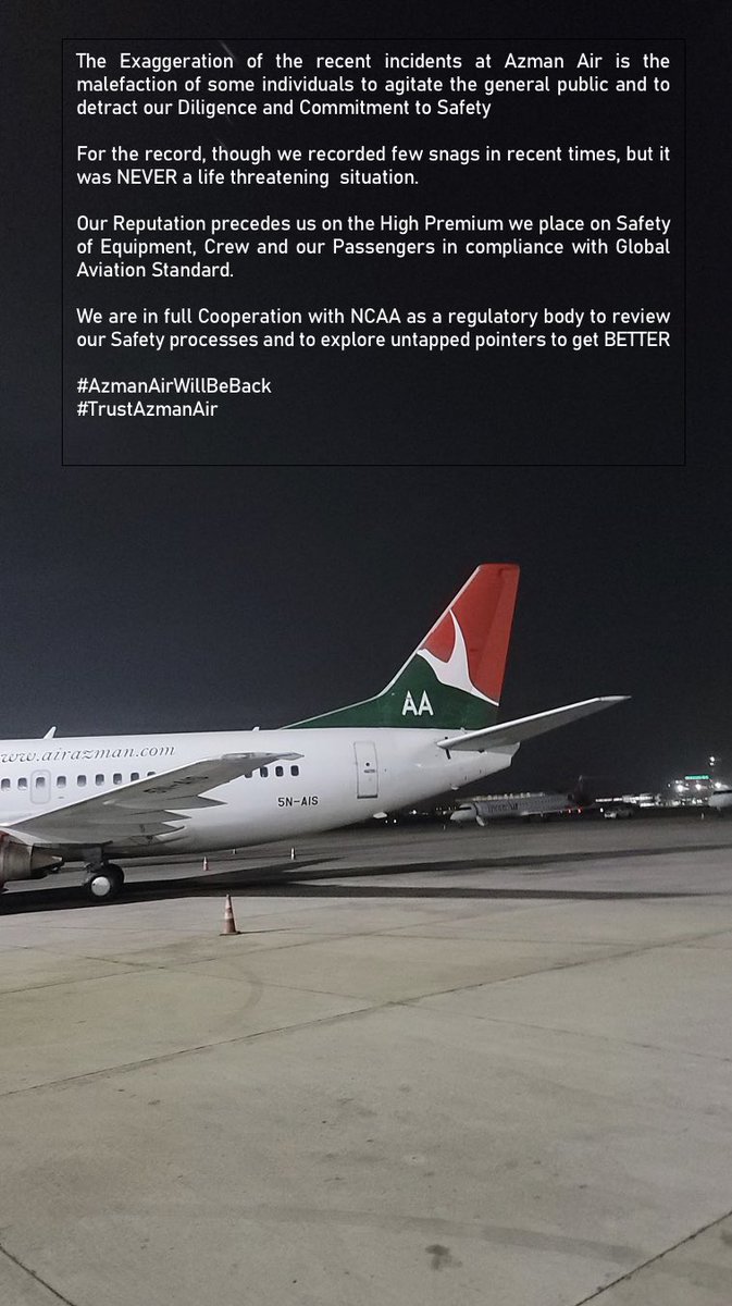 AzmanAir's tweet photo. It is important for the General Public to take note of this.

We truly appreciate your usual Support. 

#SafetyFirst #AzmanAirWillBeBack #FlySafeFlyAzman https://t.co/iu7fcWAlgS