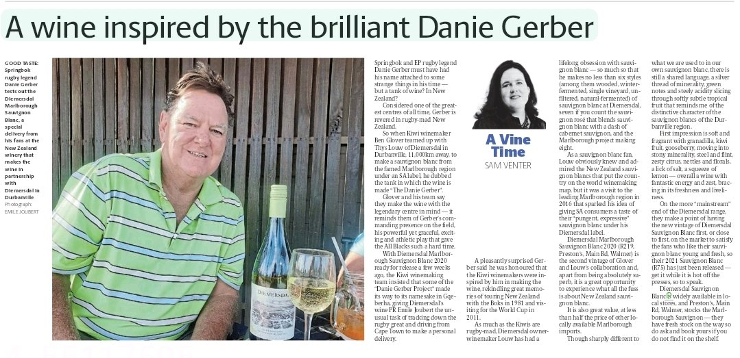 emilejoubert's tweet photo. World exclusive from supremo gonzo wine writer @samventer1. @diemersdalwines Marlboro (New Zealand) Sauvignon Blanc inspired by Springbok legend Danie Gerber. @MisterGlover https://t.co/Tv1PojND57