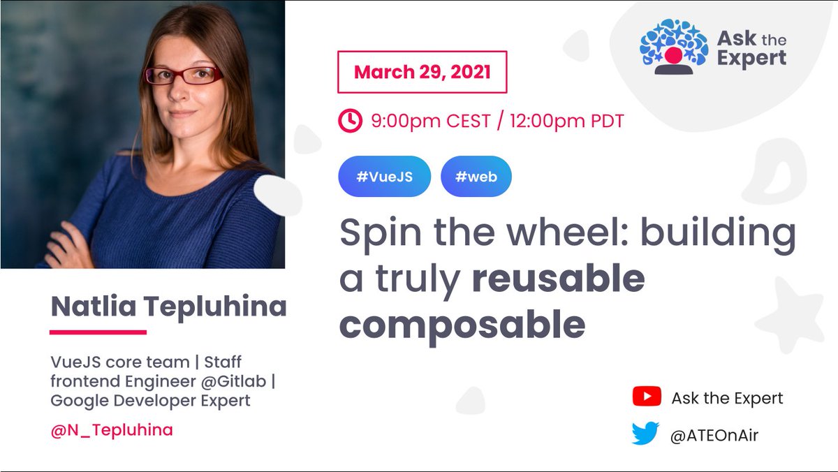 ATEOnAir's tweet photo. Hello, next week, I have the pleasure to host @N_Tepluhina to talk about Composition API with #VueJS V3 : https://t.co/vJfUZMit1c https://t.co/qoiwpRHgm5