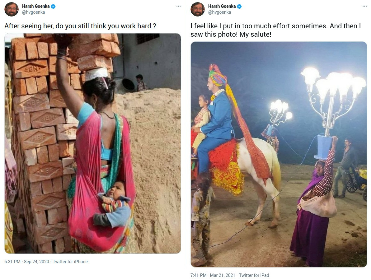 free_thinker's tweet photo. Two pictures. In both pictures, mothers carrying their new born babies in slings as they're forced to work because India doesn't protect interests of people like them. An industrialist finds both pictures inspirational. https://t.co/fRLLfDMIrZ