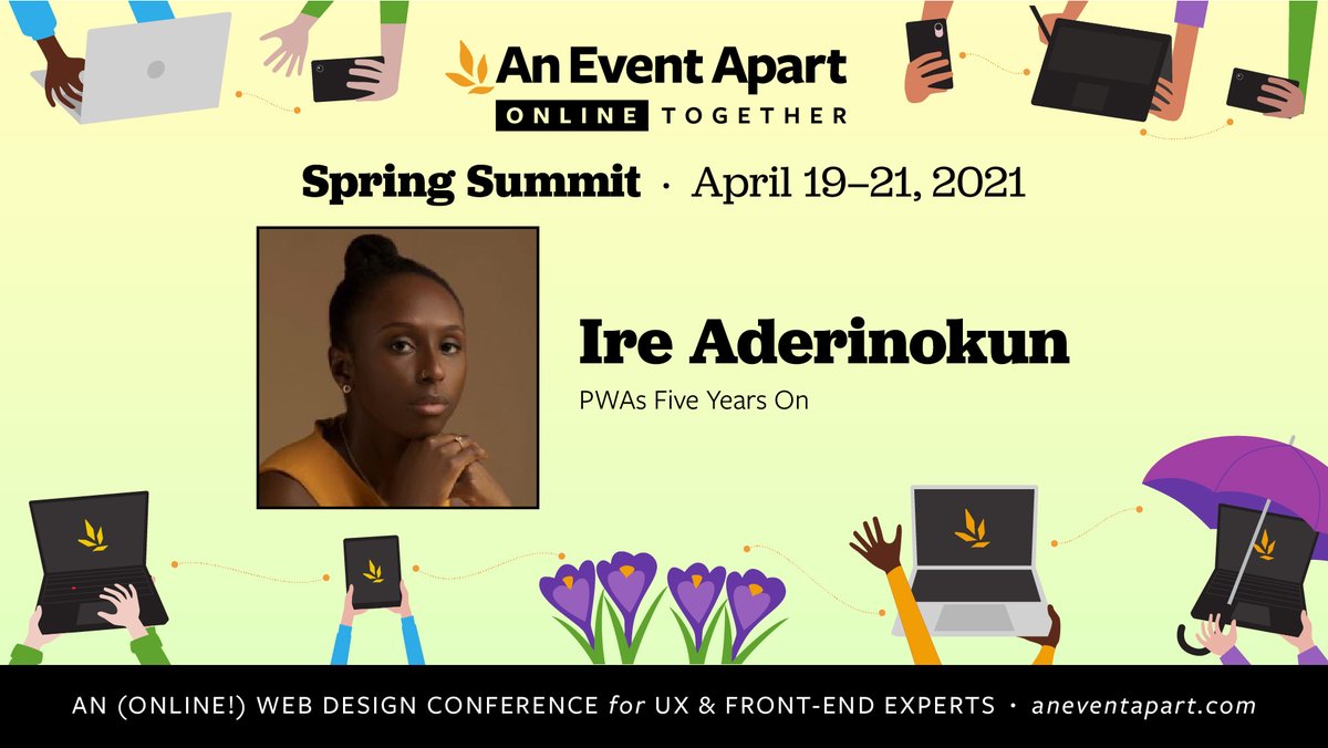 ireaderinokun's tweet image. I&apos;m reeeaally excited to be speaking at @aneventapart again! Online Together: Spring Summit is a 3-day web design conf on April 19–21.

Save $100 on any multi-day pass with promo code: AEAIRE

See the agenda and register now: aneventapart.com/event/spring-s…