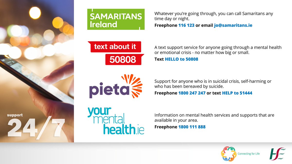 NOSPIreland's tweet photo. Day and night, seven days every week, a non-judgemental listening ear is never far away. Whatever you're going through, reaching out and talking with someone in confidence, will help.

More info on #mentalhealth supports is on @hse_ymh, here: https://t.co/zwV0pUDBi6 https://t.co/mH4sFBNIJQ