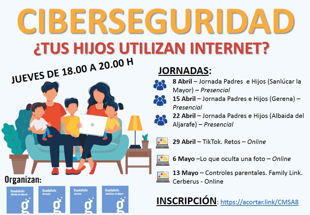 JORNADAS CIBERSEGUIRIDAD. ¿TUS HIJOS UTILIZAN INTERNET? guadalinfosanlucarlamayor.blogspot.com/2021/03/jornad…   
🎯Destinado a padres.
✅Organizan <a href="/GuadaBormujos/">Guadalinfo Bormujos</a> @CGAlbaida @guadasanlucarm <a href="/CGGerena/">Guadalinfo Gerena</a>  
📅1ª sesión presencial Jueves 8/04 18h.
⏩Inscripciones bit.ly/2VzWJKG
<a href="/RedGuadalinfo/">Vuela Guadalinfo</a> <a href="/solucar_radio/">Solúcar Radio</a>