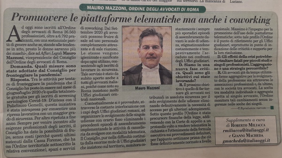 OrdineAvvROMA's tweet image. Su @ItaliaOggi con @socialmiliac e @giannimacheda: 
intervista al Vice Presidente dell'@OrdineAvvROMA, Mauro Mazzoni