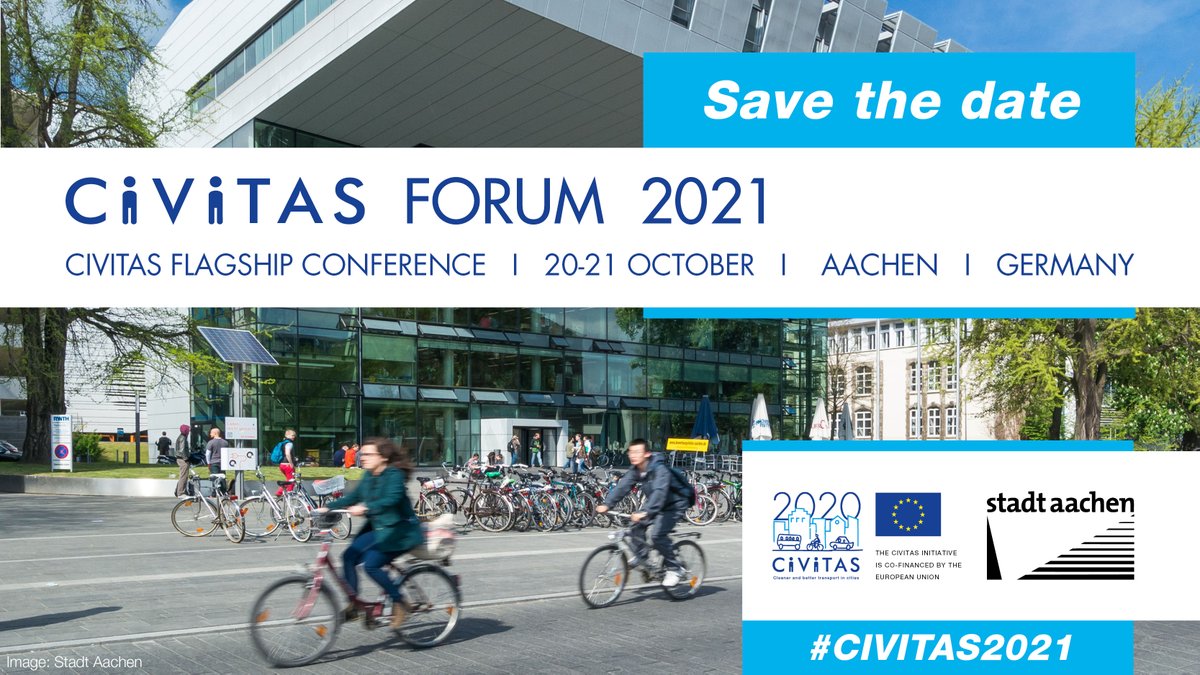 The #CIVITAS2021 Forum is coming! 🥳 ⏳

This year's leading #sustainable #mobility event will be hosted in a hybrid format in Aachen, Germany! 🇩🇪

Mark your calendar 🗓️ October 20-21, 2021 

Read for more 👉 bit.ly/2OUDMmC