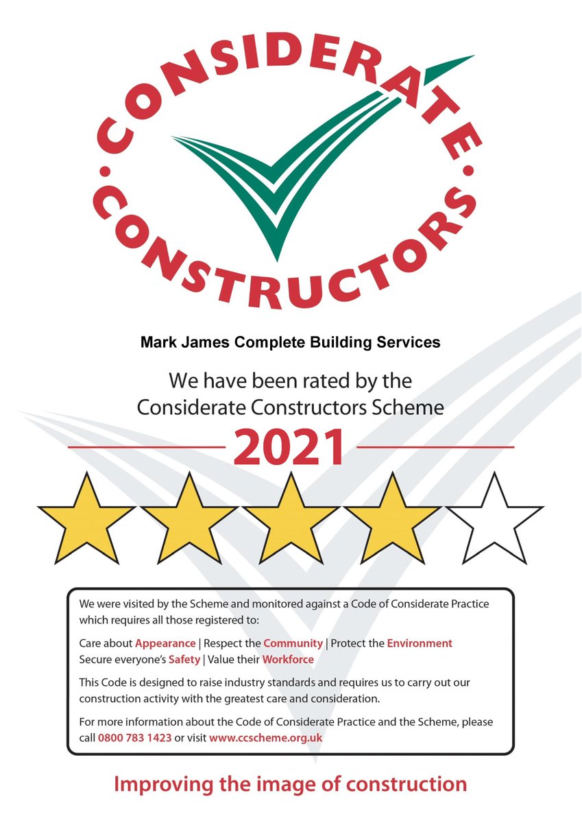 MarkJamesCBS's tweet photo. Concluding our 9th year of registration with the Considerate Constructors Scheme #loveconstruction #4stars #contractor #improvingtheimageofconstruction https://t.co/GTpUx70OBD