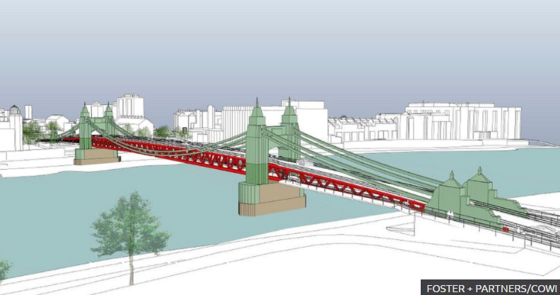 MurrayBirrellUK's tweet photo. Following a feasibility study by #architects @FosterPartners and #bridgeengineers COWI, a double-decker structure for #HammersmithBridge would carry cars (for a £3 toll?) and buses on an upper level and pedestrians and cyclists would use a lower level: https://t.co/xXpIDTrw72 https://t.co/HXOIjJOScN