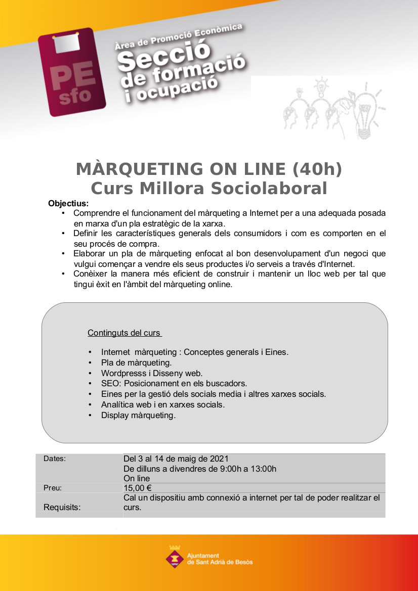 promoeconomSAB's tweet photo. Tens un negoci i vols reinventar-te? Aquest 2021 et proposem, des de #promocióeconòmicaSAB el curs de «Màrqueting digital».
Inscripcions: https://t.co/sXeC9Pnhlz #CursosMillora @HugoFerrerSaez @JCallauBartoli @AjSantAdria. @grameimpuls @IMPOBdn #SFOSAB @inclusiosab @EulaliaPECSAB https://t.co/BAOK2L8CRX