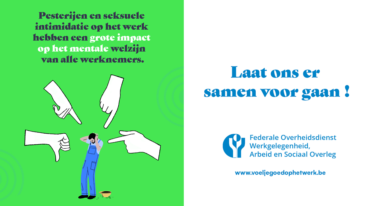 Psychosociale risico's op het werk voorkomen - Laat ons er samen voor gaan! 💪🏼

Voorkom pesten en seksuele intimidatie op het werk door passende maatregelen te nemen.

👉🏻 Hier zijn enkele tools om je te helpen: voeljegoedophetwerk.be

#voeljegoedophetwerk
