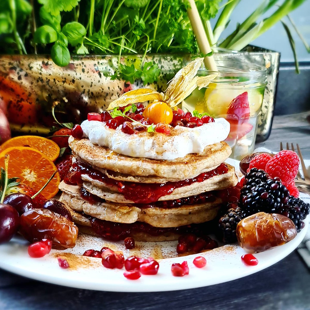 Aaronvegan's tweet photo. Wholemeal Hemp Protein Pancakes with Raspberry Jam &amp; Coconut Yoghurt.

A healthy pancake made with organic wholemeal flour, soya milk, 🍌 baking powder &amp; @goodhempfood protein powder.

Layered with no added sugar raspberry jam.

A refreshing glass of birch water + 🍋 🥒 mint &amp; 🍓 https://t.co/sBU2zcxV2z