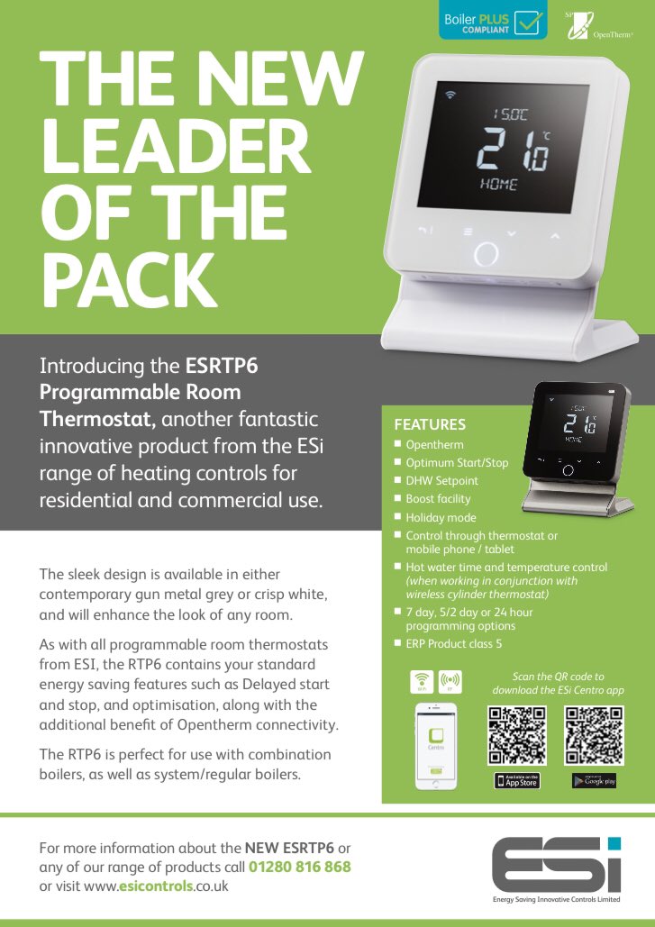 EsiControls's tweet image. 🤩🤩 THE ALL NEW ESRTP6 AVAILABLE NOW. 🤩🤩

Available in grey or white. Heating and hot water control. 
Can be installed as standard or using OpenTherm. Controlled via the thermostat or using the ESi Centro App. Feel free to get in touch at any time for more information!