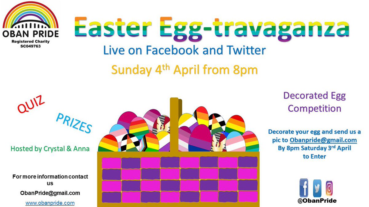 ObanPride's tweet photo. We are so Egg-cited for our Easter Egg-travaganza livestream.
Get decorating your eggs for our competition. #ObanPride #OPgolive https://t.co/gBCQYJMpsQ