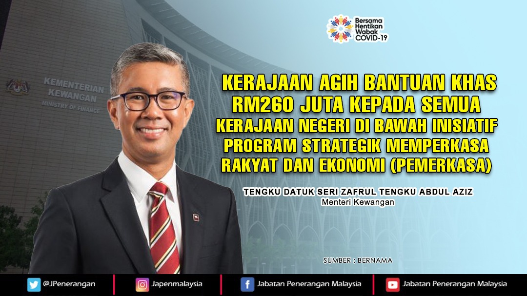 JPenerangan's tweet photo. Kerajaan  bersetuju menyalurkan bantuan khas berjumlah RM260 juta kepada semua kerajaan negeri.

Bantuan berkenaan akan diagihkan secara sama rata, iaitu RM20 juta kepada setiap negeri untuk https://t.co/Sm5LAxafBR