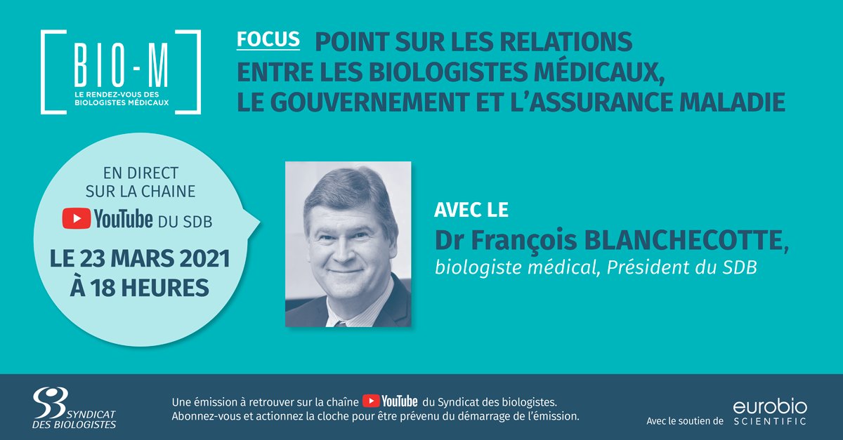 SyndicatDBio's tweet photo. Baisse de nomenclature, baisse des tarifs #COVID, séquençage… Demain, mardi 23/03 à 18h, lors de l'émission #BIOM, le Dr François @BLANCHECOTTE fait point sur l'actualité des #BioMedLib… Rendez-vous à 18 heures : https://t.co/9cGq63qYxC https://t.co/M0jhwMBVqM