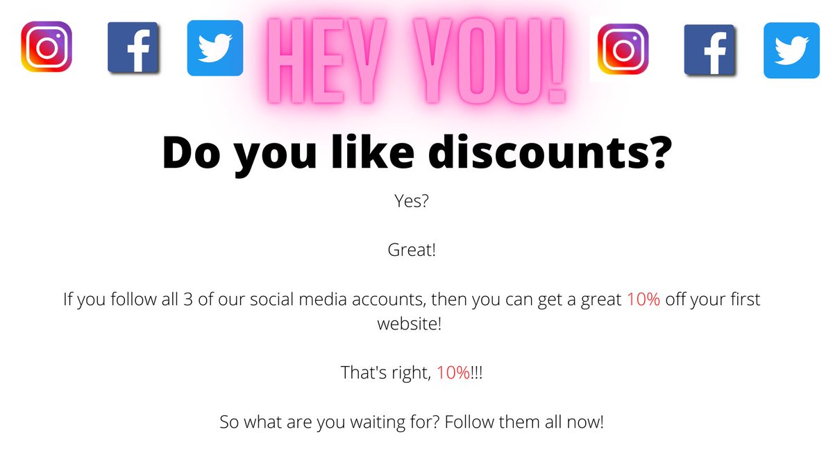 WebDevelop9's tweet image. Fancy a discount? Follow all 3 of our social media sites to get a great 10% off your first website!
Insta: @webdevelop1
Facebook: @webdevelop2
Twitter: WebDevelop9
#websitedevelopment #online #new #design #online #discount #offer