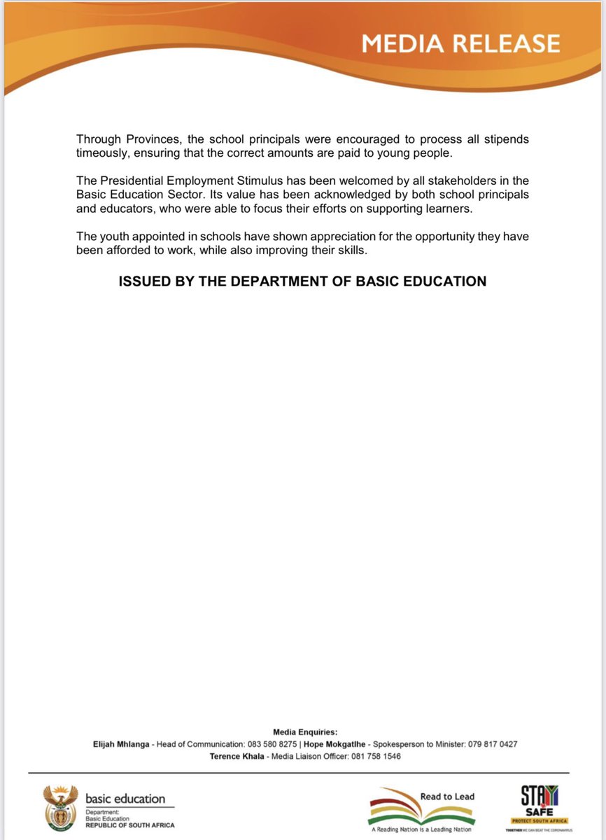 The Basic Education Presidential Youth Employment stimulus creates over 300 000 job opportunities 
<a href="/ElijahMhlanga/">Elijah Mhlanga</a> <a href="/ReginahMhaule/">Dr Reginah Mhaule</a> <a href="/HubertMweli/">Hubert Mathanzima Mweli</a>