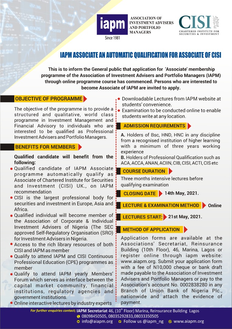 iapm_NG's tweet photo. ANNOUNCEMENT

IAPM ASSOCIATE AN AUTOMATIC QUALIFICATION FOR CISI

Please bring this to the attention of your colleagues and others who will need the programme https://t.co/HEZdb9kKtV