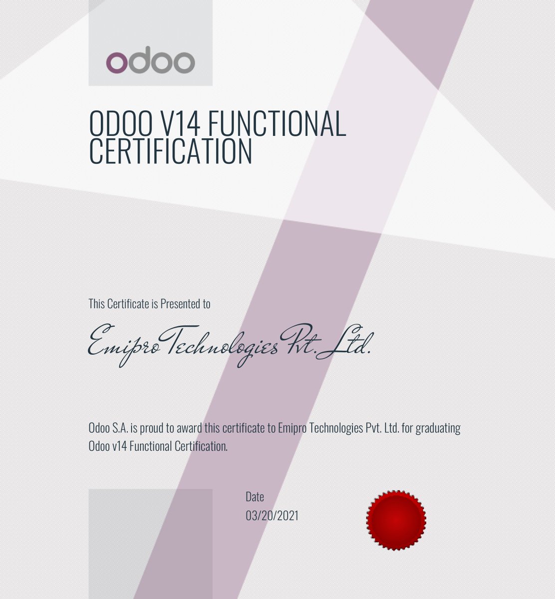 EmiproTech's tweet photo. #EmiproTech receives Odoo v14 Functional Certification and becomes the 1st Odoo Gold Partner in India to be Certified in #Odoo v14. https://t.co/OaHT5gOAxu