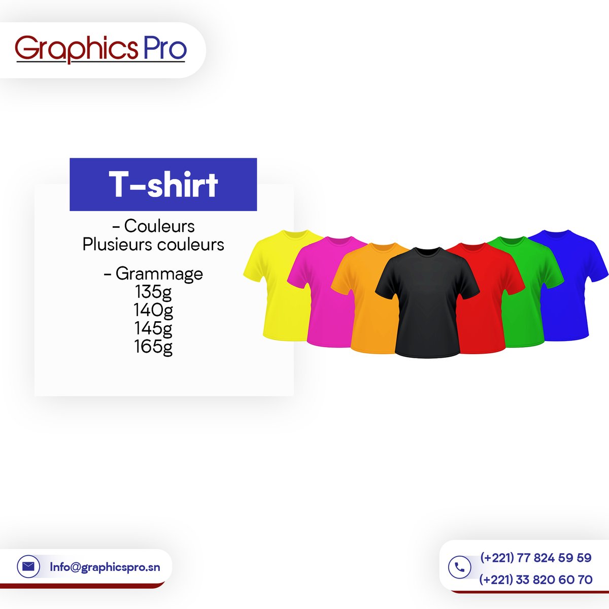 GraphicsProsn's tweet photo. Pour vos impressions sur T-shirt, Graphics PRO vous propose des lots de T-shirts sous plusieurs couleurs avec un grammage différent.
Pour plus de produits contactez nous par mail info@graphicspro.sn ou au 778245959
#graphicsprosn #supportscom #impression #print #senegal #kebetu https://t.co/oc6sVg1Rdv