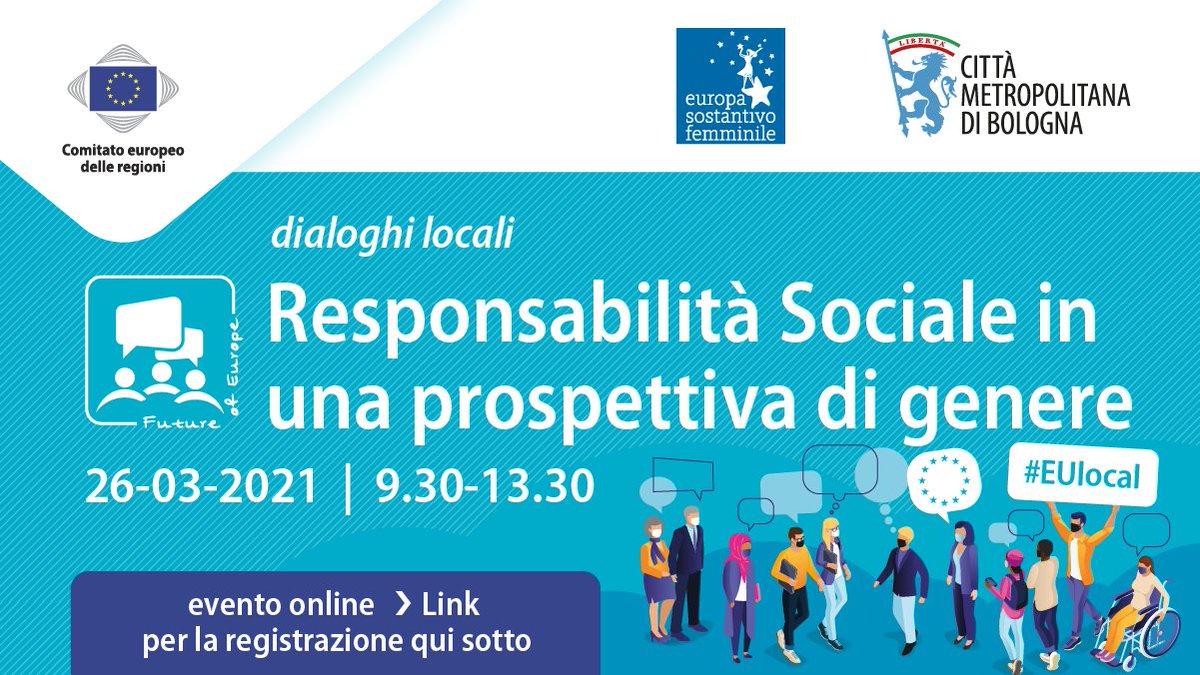 Come promuovere la responsabilità sociale in una prospettiva di genere? ♀️
 
Non perdetevi questo evento #EULocal <a href="/EU_CoR/">European Committee of the Regions</a> organizzato da <a href="/virginiomerola/">Virginio Merola</a>!
 
Con la partecipazione di <a href="/helenadalli/">Helena Dalli</a> <a href="/EP_President/">Roberta Metsola</a> <a href="/ellyesse/">Elly Schlein</a> <a href="/elenabonetti/">Elena Bonetti</a> e tanti altri!
 
ℹ️✍️facebook.com/events/3414564…