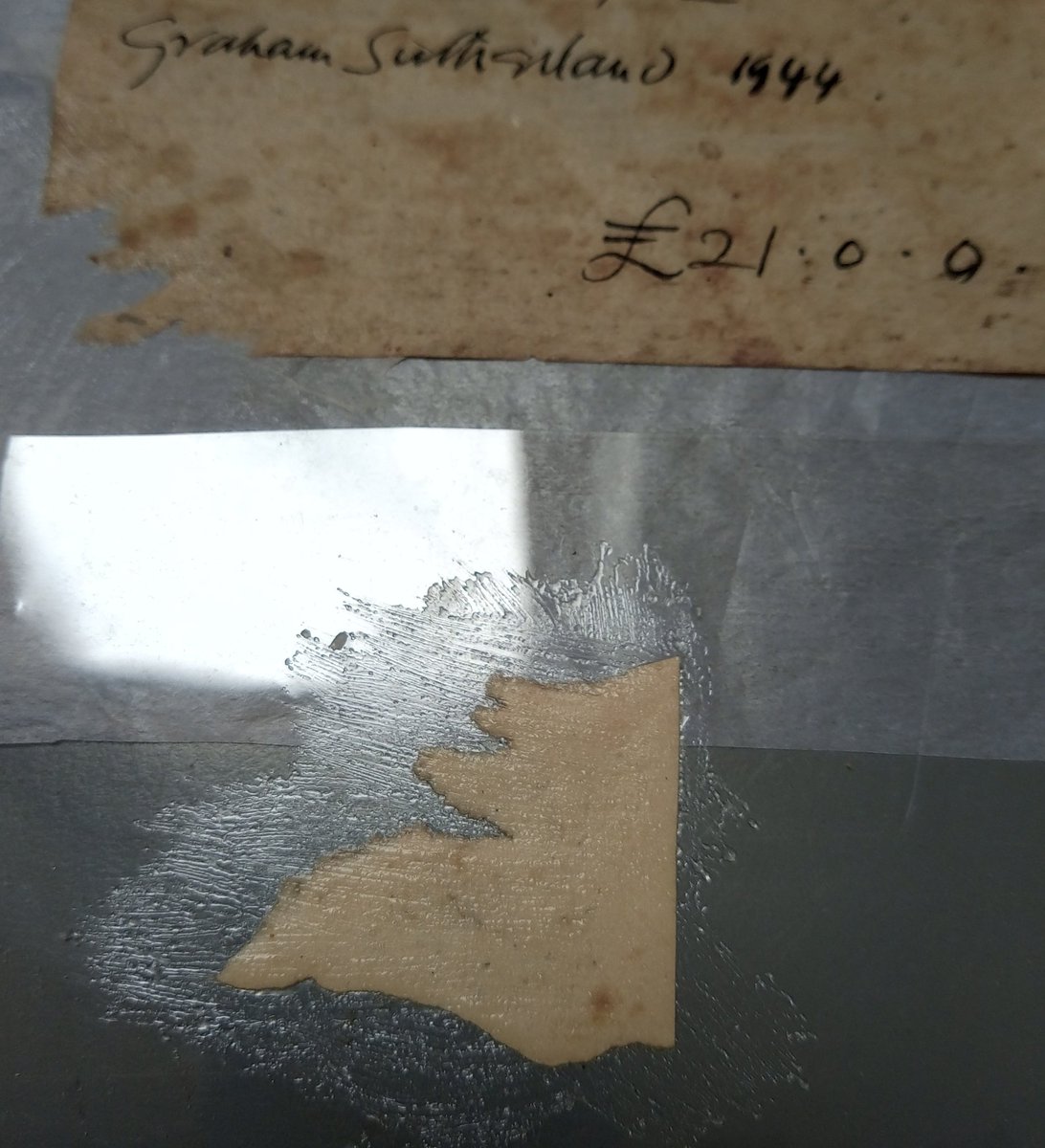 LaliNickels's tweet photo. Paste on to melinex so the repair can be adjusted.  You can use a light box.  I tend to leave the repair a minute or so to let the paste settle in and the paper to relax.  #WheatStarchPaste #PaperConservation https://t.co/keefDZmYJk