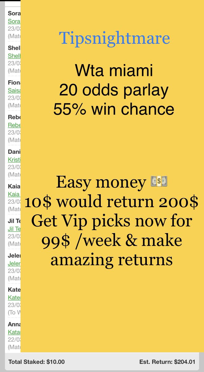 TipsNightmare's tweet photo. #Tipsnightmare vip picks
20 odds parlay ready and sent to our vip clients ππ
Enjoy 50% off on our vip sports picks plans till march end -get weekly vip pack at 99$ π₯π₯³
#wtamiami #tennispicks
#tennis #sportsbetting
#bet365 #betway #betfair
#casino #stake #twittergamblingπ» https://t.co/vQRg1EjpOC